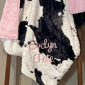 Personalized Baby Blanket, Black and White Cow, Light Pink Minky Blanket, Baby Boy or Baby Girl Blanket, Baby Shower Gift