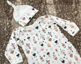 Newborn Gown, Hearts and Dots, Coming Home Outfit, Girl Gown, Top Knot Hat