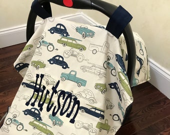 Vintage Car Baby Car Seat Tent, Car Seat Canopy, Retro Ride Car Seat Tent, Navy Car Seat Tent, Monogram Baby Shower Gift