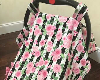 Baby Car Seat Canopy, Ready to Ship, Pink Floral, Pink and Black Floral Stripe, Baby Girl Shower Gift, Monogrammed Baby Gift