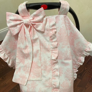 Light Blue, Pink, Green, Orchid Toile Car Seat Canopy with Large Bow and Ruffle, Monogrammed Car Seat Tent, Personalized Baby Shower Gift