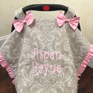 Baby Car Seat Tent, Baby Carseat Canopy, Taupe Damask ,Baby Shower Gift, Baby Girl Gift