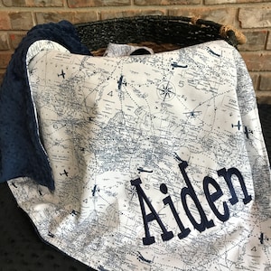 Navy Airplane Minky Blanket, World Map, Aviation Nursery