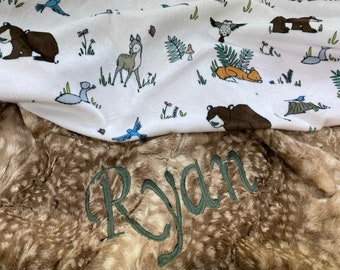 Personalized Fawn Minky Baby Blanket, Woodland Animals, Baby Shower Gift
