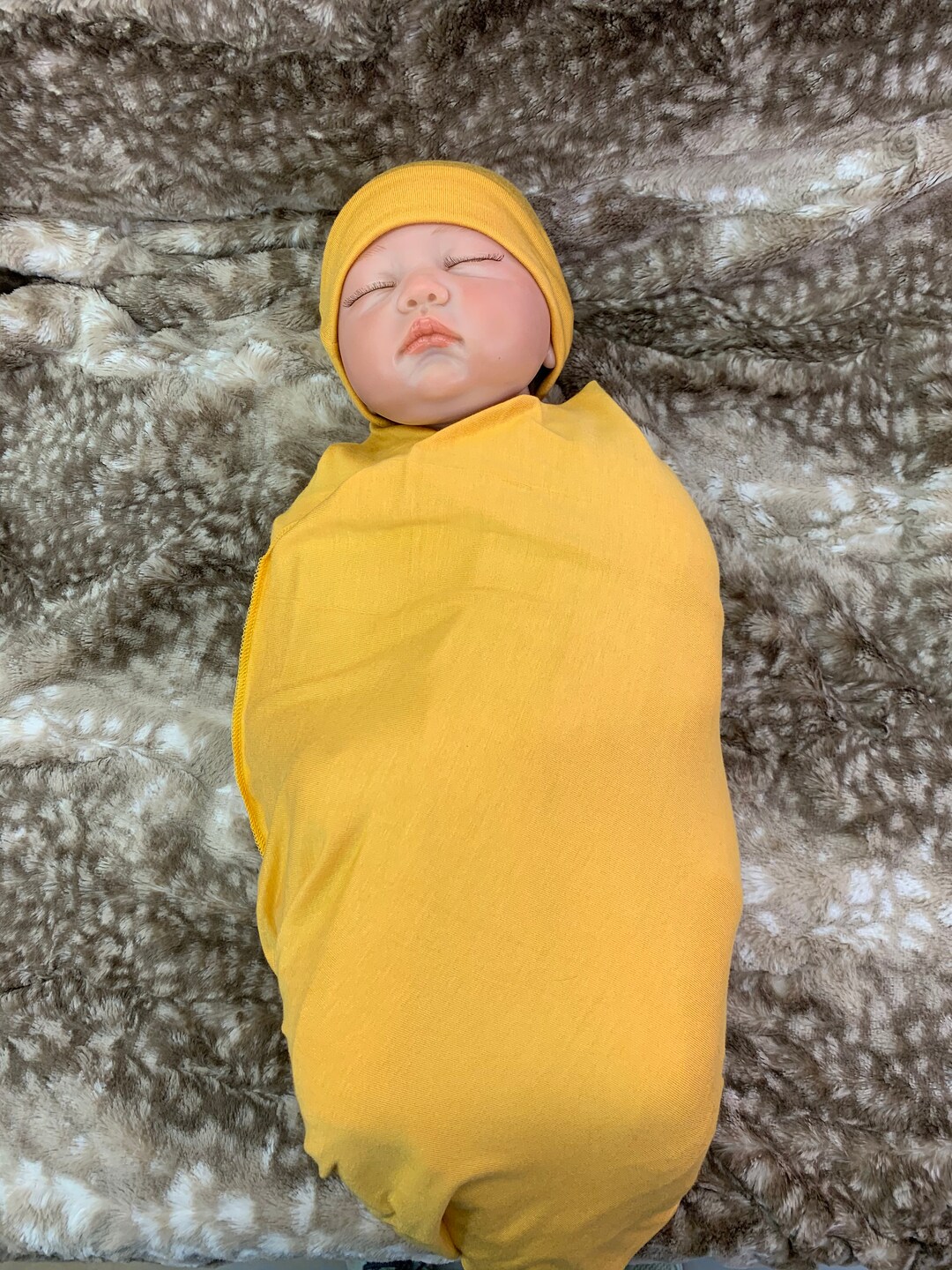Newborn Swaddle Blanket and Knot Hat Set, Mustard Gold Receiving