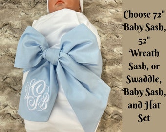 Monogrammed Newborn Infant Baby Cotton Bow Sash, Maternity Photography Prop, Monogrammed Newborn Wrap, Baby Photo Prop, Big Bow