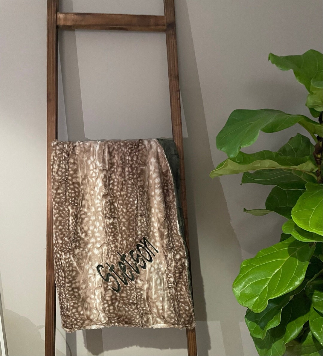 Personalized Baby Blanket, Deer Fawn, Dark Green Minky Blanket, Baby