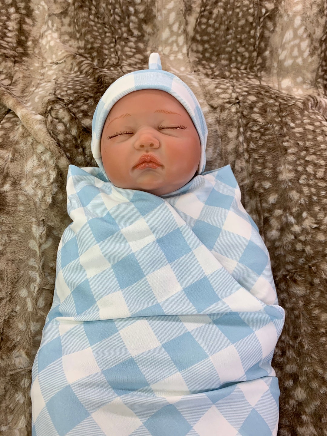 Newborn Swaddle Blanket and Knot Hat Set Baby Blue and White Etsy