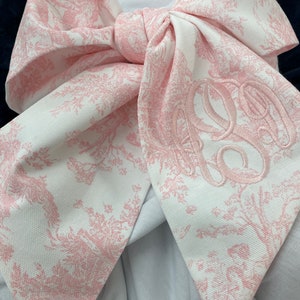 9 Colors- Monogrammed Newborn Baby Pink Toile Bow Sash, Maternity Photo Prop, Monogrammed Newborn Wrap, Baby Photo Prop, Big Bow