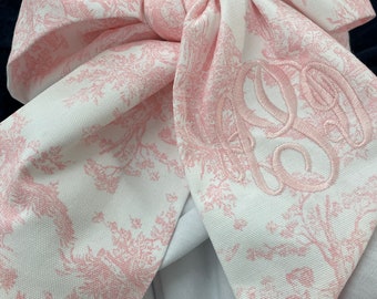 Monogrammed Newborn Baby Pink Toile Bow Sash, Maternity Photo Prop, Monogrammed Newborn Wrap, Baby Photo Prop, Big Bow