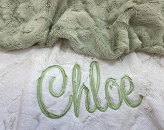 Personalized Baby Blanket, Light Sage Green and Ivory Luxe Minky Blanket, Baby Boy or Baby Girl Blanket, Baby Shower Gift
