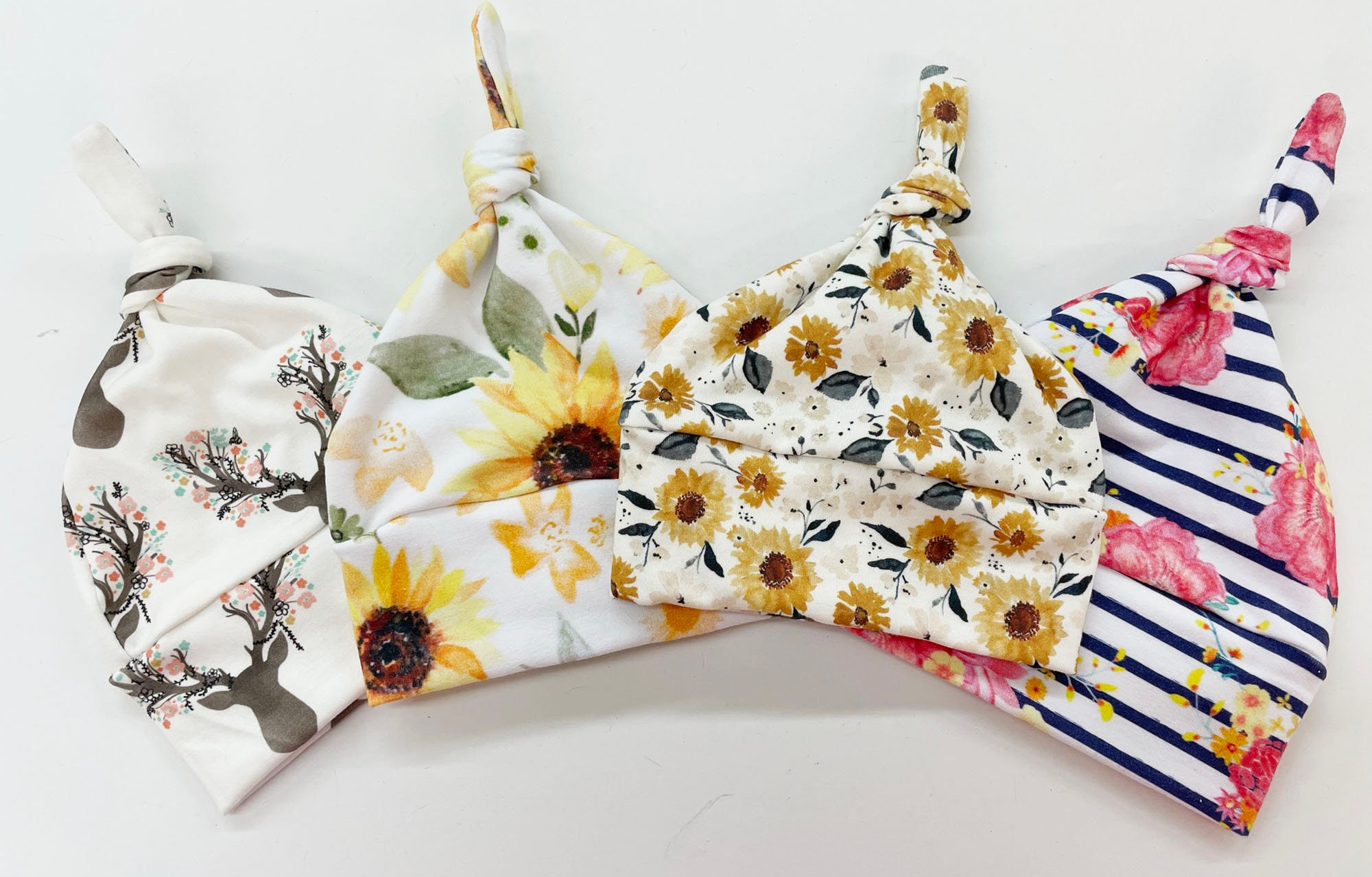 Newborn Baby Knot Hat, Floral Fawn , Sunflower, Pink Floral