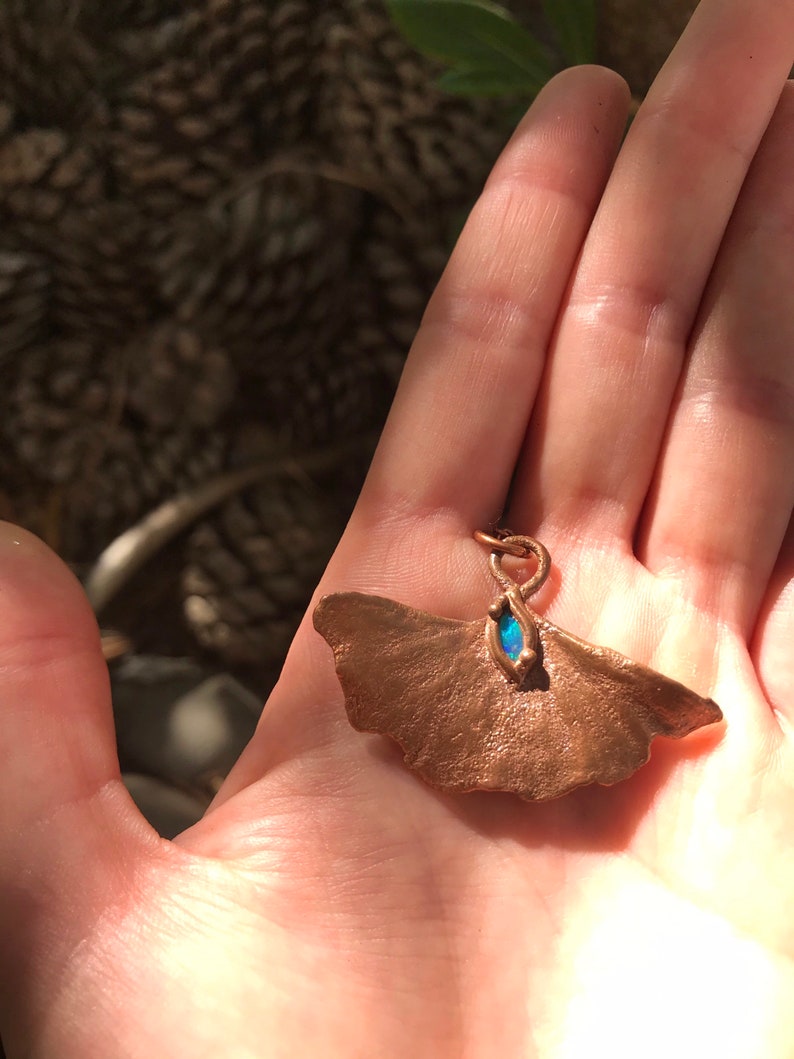 Electroformed copper Ginkgo biloba leaf with opal