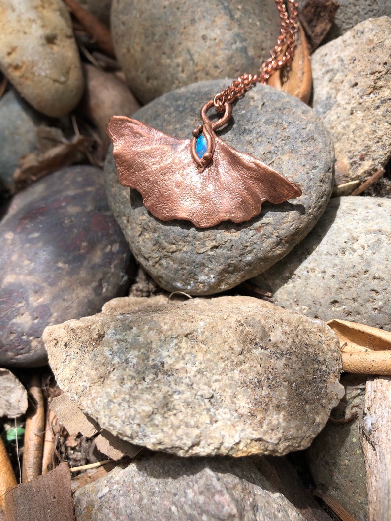 Electroformed copper Ginkgo biloba leaf with opal