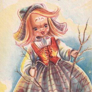 Buona Pasqua 1945/50 - Bella piccola cartolina d'auguri svedese vintage - Ragazza scandinava gigante e vestito in salice firmato dall'artista LC - Glad Påsk