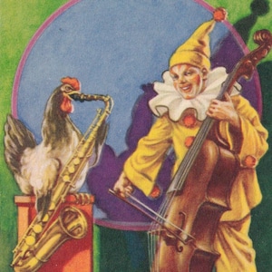 Curt Nyström Stoopendaal-Happy Easter 1940 - Bella vecchia cartolina svedese - Pierrot bass & saxo rooster player music band - vintage scandinavo
