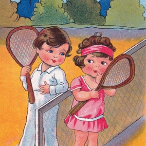 Namoradeira de tênis - Lindo cartão postal antigo vintage da Suécia 1915/20 - Jogo infantil para amantes do amor Esporte feminino Enfantina - Jogador de moda