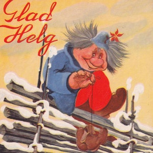 Geerd - Glad Helg / Noël des années 40 - Carte postale vintage non utilisée drôle Suède - Cadeau lapin d'hiver des neiges Troll Gnome - Art fantastique scandinave