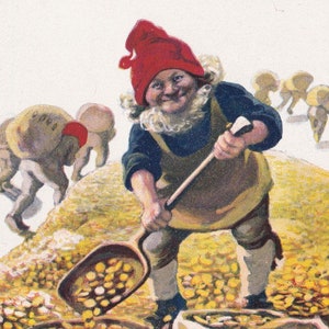 Auguri di felice anno nuovo - Bella cartolina vintage Svezia - Adèle Söderberg 1915 - Borse di monete d'oro elfo Gnome Tomte - Babbo Natale scandinavo