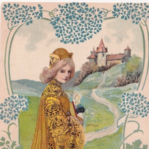 Cadeau fleur de printemps portrait de femme - Ancienne carte postale d'artiste illustrée 1903 - Mode château beauté printemps chapeau campagne - vintage Art nouveau