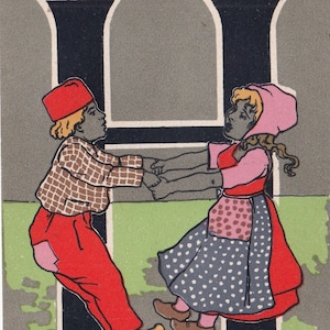 Lettera dell'alfabeto H - Bella cartolina d'auguri antica 1905 - ABC che balla bambini Saluti - Danza carta vintage effimera grafica scandinava