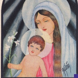 Buon Natale 1930 / Dio Herg - Bella piccola cartolina svedese vintage - Donna e bambino - Gesù Maria - neve inverno Cristo santa nascita Art Deco