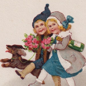 Félicitations 1920/30 - Belle vieille carte postale de voeux suédoise - Enfants chien teckel fleurs cadeau Roses - mode vintage scandinave