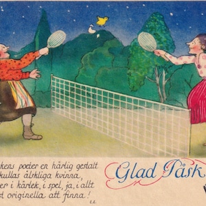 Jenny Nyström - Buona Pasqua 1938 - RARA piccola cartolina d'epoca svedese - Strega scandinava donna uovo partita di tennis pulcino - Påsk Art surrealismo