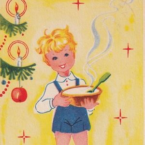 Dieu Jul / Joyeux Noël 1945 - Petite carte postale de voeux suédoise vintage - Enfant et assiette de bouillie gastronomie veille fille - éphémère