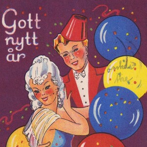 AinA - Desejos de feliz ano novo 1943 - Adorável pequeno cartão postal vintage de saudação sueca - Balão de festa elegante para amantes - moda Gott Nytt År