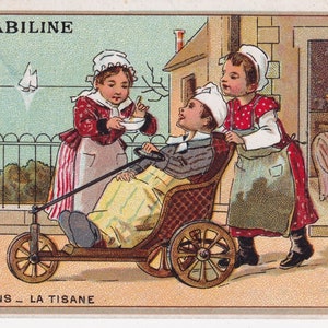 Bebidas / Tisane - Lindo Cartão Comercial Francês Vitoriano 1895 La Kabiline - Chá França Enfermeira de medicina para paciente em cadeira de rodas - Cromo efêmera