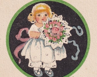 Maj Lindman Jan - Happy New Year wishes 1925 - small old greeting postcard vintage Sweden - Little Girl with bouquet of roses - fashion