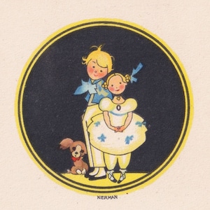 Einar Nerman - Feliz Ano Novo - Lindo cartão postal vintage em Litografia da Suécia - Art Déco 1920/30 - Moda infantil, menino, menina, cachorro
