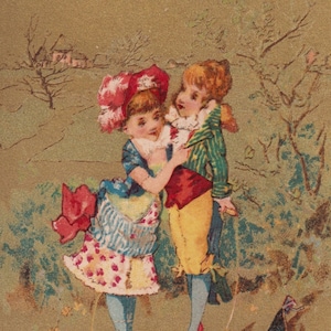Amantes da dupla - Lindo cartão comercial vitoriano de 1890, publicidade Au Bon Marché Paris - Crianças do diretório era vestido moda adoram pular corda
