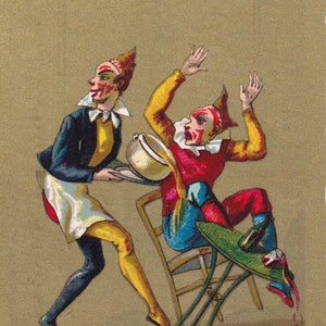 Soep ongeluk / circus clown thema - Zeldzame Franse Victoriaanse Trade Card 1890 advertentie. winkel mooie chromo Aubry - gouden duivelspak - turle restaurant