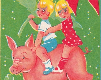 Kristina - God Jul / Merry christmas 1945s -small swedish greeting postcard - Children pig riding girl with giant Poinsettia flower- vintage