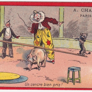 Show domador de equilíbrio - cartão comercial vitoriano francês c. 1895 Perles du Japon Chapu Paris - palhaço de circo porco macaco cachorro - coisas efêmeras Vintage