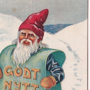 Artista non firmato - Felice Anno Nuovo anni '10 - Bella cartolina vintage svedese - Babbo Natale con l'omino del panino - pubblicità di una passeggiata invernale sulla neve