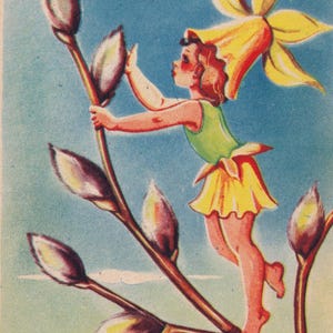 Buona Pasqua 1940 - Artista non firmato - Piccola cartolina d'auguri svedese - Art Déco Narciso ragazza fiore ramo di salice vintage - Glad Påsk