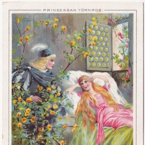 Jenny Nyström / The Rose Princess - Bella cartolina d'epoca Svezia 1905 - Giovane donna innamorata - Abito alla moda Belle Epoque Camera da letto con rose