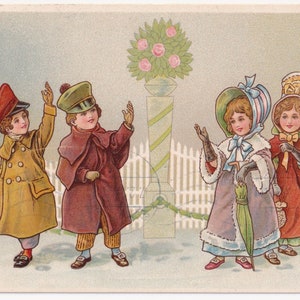 Scène d'hiver viennoise / Noël - Belle illustratrice de cartes postales vintage des années 1910 - Élégante robe manteau enfants fille fleurs neige éphémères