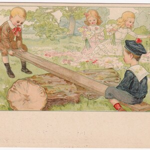 Belle scène enfantine - Carte postale publicitaire ancienne de 1910 - Balançoire voiture Enfantina gibier à fleurs - Mode Belle Jardinière