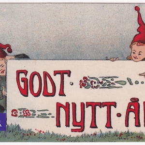 Happy New Year wünscht 1910s Vintage Postkarte Kobold Schweden - Künstler unsigniert - Happy New Year