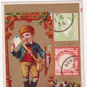 Condição superior! Correio da Alemanha - Lindo cartão comercial vitoriano francês 1895 Guillout Paris - selo filatelia correio - Vintage chromo fashion