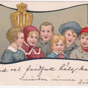Postal cromolitográfica de Navidad / circa 1905 - Lisa Lindberg Froman - Deseos de moda de Enfantina para niños de invierno - Tarjeta firmada por artista efímera