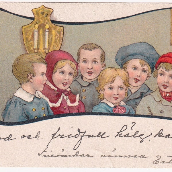 Weihnachtliche Litho Postkarte / circa 1905 - Lisa Lindberg Froman - Winterkinder Enfantina Modewünsche - Ephemera Künstlerkarte signiert