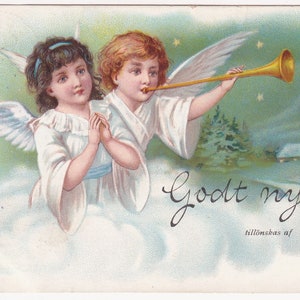 Auguri di felice anno nuovo 1905 - Bella vecchia cartolina vintage svedese - Angelo invernale bambini ragazza tromba musica scena sacra inverno - scandinavo