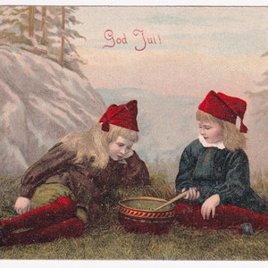 Artista non firmato / Buon Natale - Bella cartolina vintage dalla Svezia 1905 - Ragazza folletto Porridge per bambini - moda scandinava