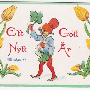 Gelukkig Nieuwjaar wensen - mooie Zweedse vintage ansichtkaart jaren 1920 - gele tulp bloem kabouter meisje klaver hond - mode kaart wensen kunst cadeau