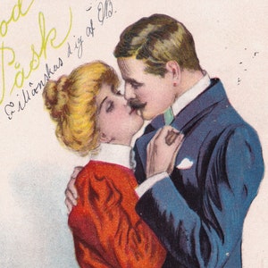 Jenny Nyström - Glad Påsk / Buona Pasqua 1909 - Bella vecchia cartolina svedese - Elegante bacio degli amanti Donna Uomo arte Artista - vintage scandinavo